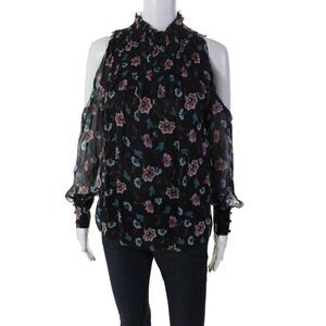 Designer Womens Silk Textured High Neck Long Sleeve Floral Blouse Black Size S